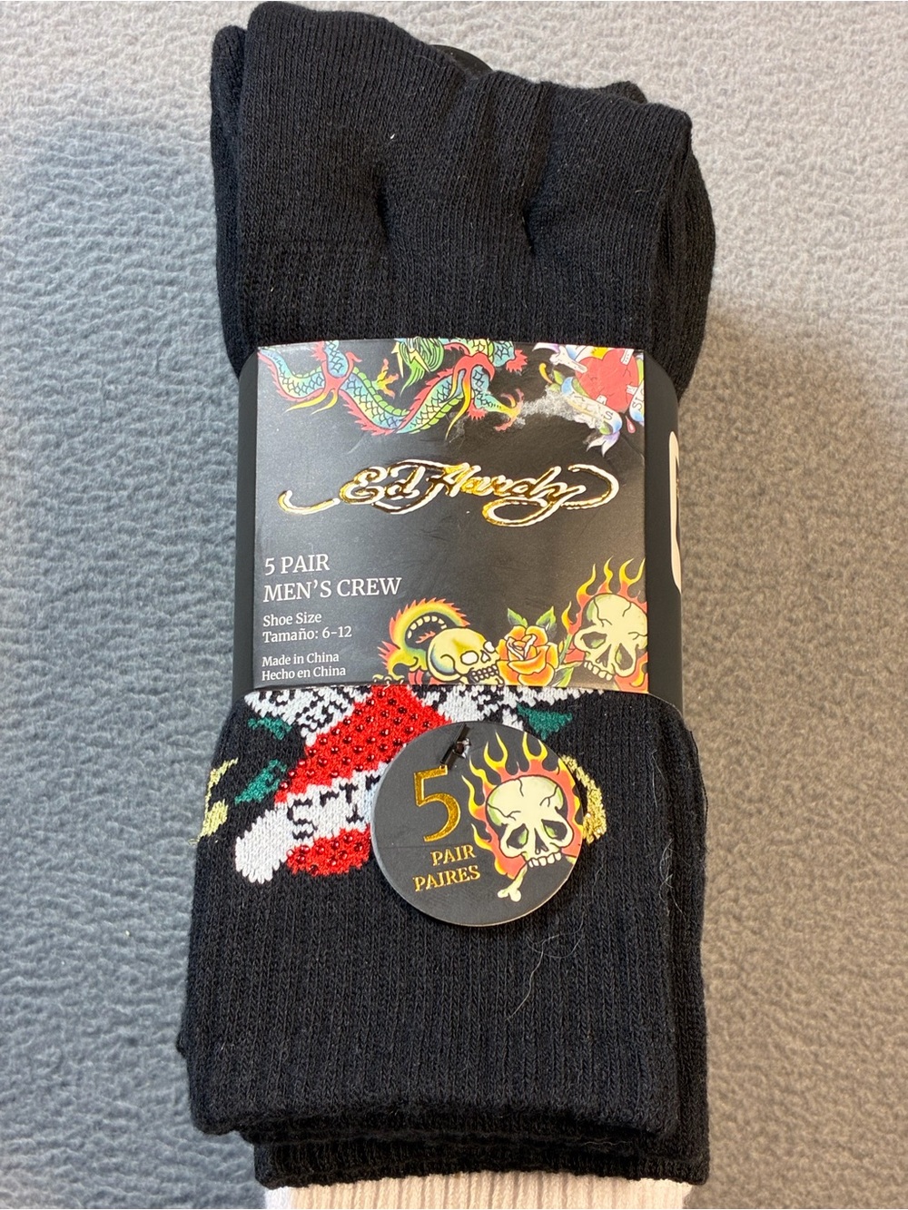 Ed Hardy Black Crew Socks with Multicolor Skull Art - 5 Pair